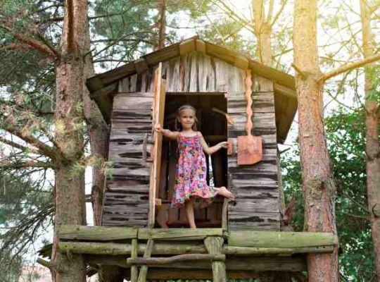 Zabawny domek dla najmłodszych - chatka w ogrodzie na pniu i w koronach drzew